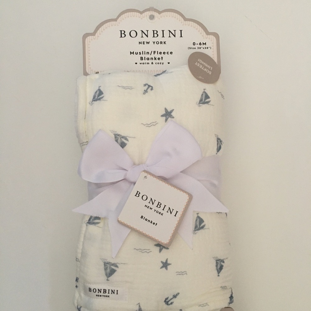 Baby Blanket Muslin Cotton Soft Fleece Lining Stars and Sailboats NEW | Bonbini